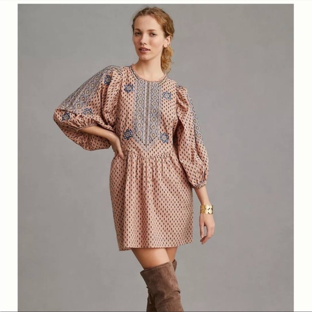 Anthropologie Embroidered Tunic Mini Dress